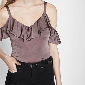 Women's Brown Metallic Ruffle Cold Shoulder Blouse